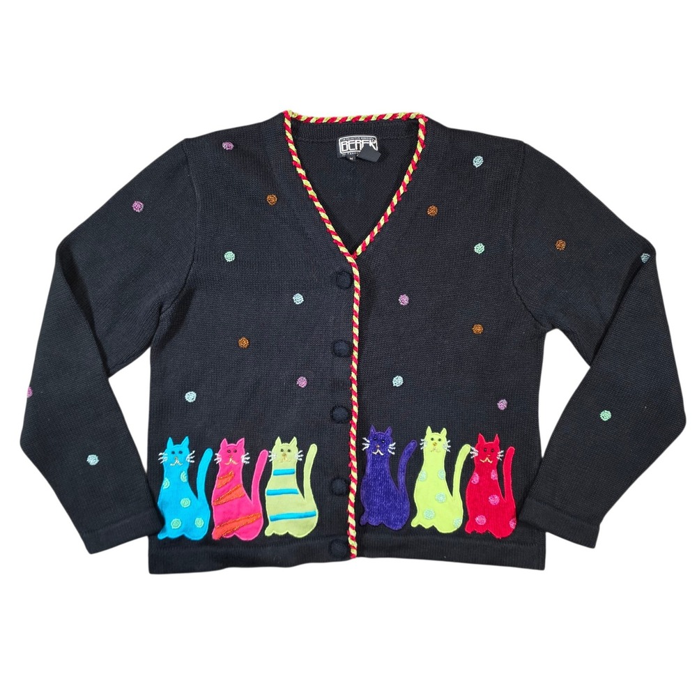 Berek Women Med Cardigan Black Vintage 90s Takako Sakon Embroidered Beaded Cats